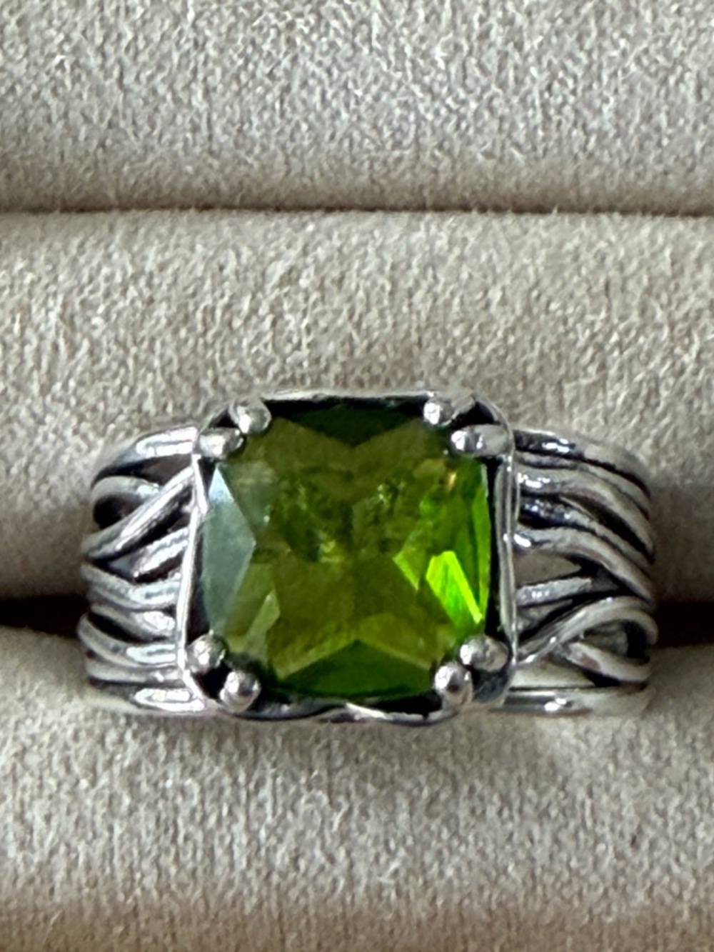 Silver Tone Green Gemstone Statement Ring